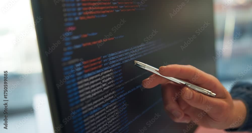 Wall mural person, hand and code with html on computer screen for software development, web design or hyperlink