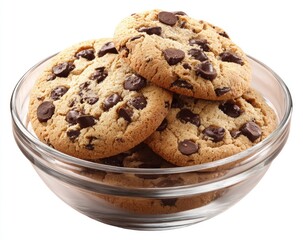Three chocolate chip cookies in a clear glass bowl