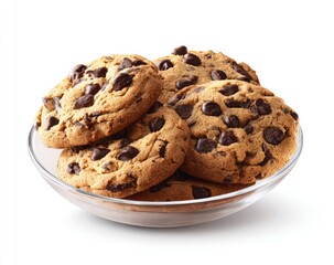 Chocolate chip cookies in a clear bowl.  Fresh, round, baked treats.  Brown, golden-brown exterior with dark chocolate chips.  Close-up, isolated