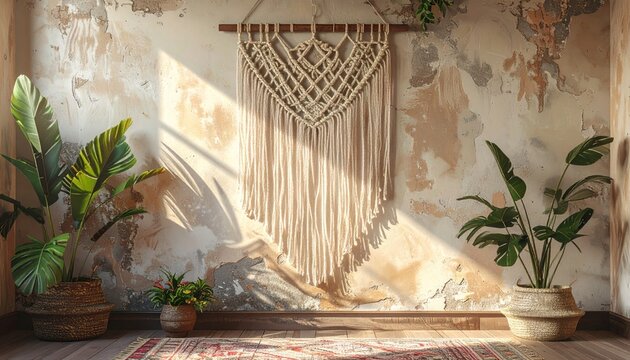 Sunlight streams across an aged, textured wall, highlighting a handcrafted macrame wall hanging, with lush green houseplants in woven baskets gracing a warmly lit, serene interior space.