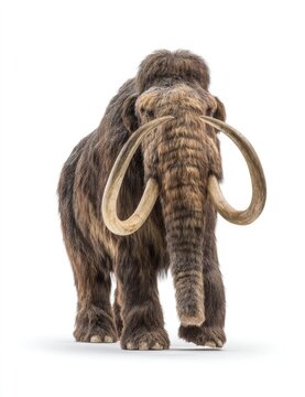 A large, shaggy mammoth stands on a white background, its tusks prominent