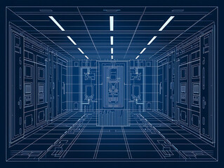Quantum computing blueprint laboratory server data center futuristic dark background neon glow