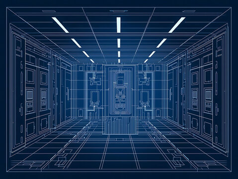 Quantum computing blueprint laboratory server data center futuristic dark background neon glow
