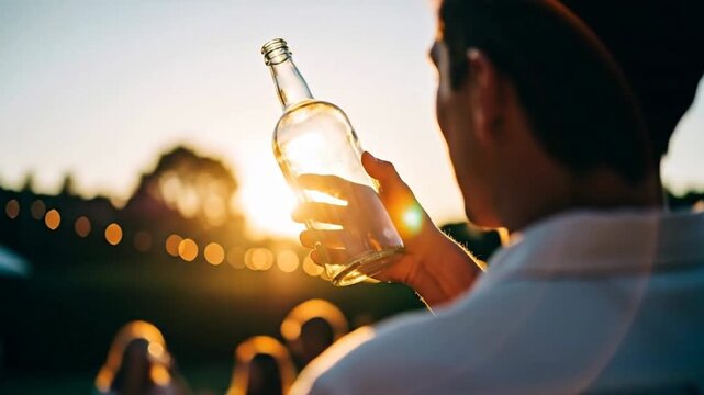 Man examining empty glass bottle against sunset with blurred background people