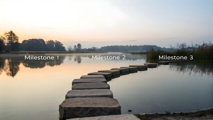 Stone pathway across a tranquil lake at sunrise
