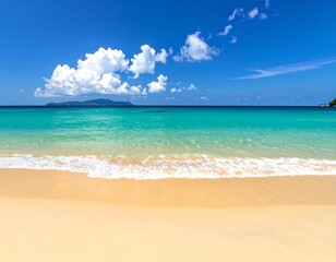 Obraz premium Panoramic beach scene showcasing clear turquoise water gently lapping onto a golden sand shoreline. A bright blue sky adorned with puffy white clouds completes the vista
