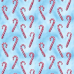 Cute Candy Cane Seamless Pattern in Light Blue Whimsical Watercolor Illustrations for Holiday Decor