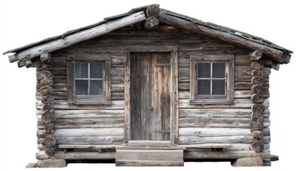 Rustic log cabin.  Wooden structure with aged gray logs, small windows and a simple door