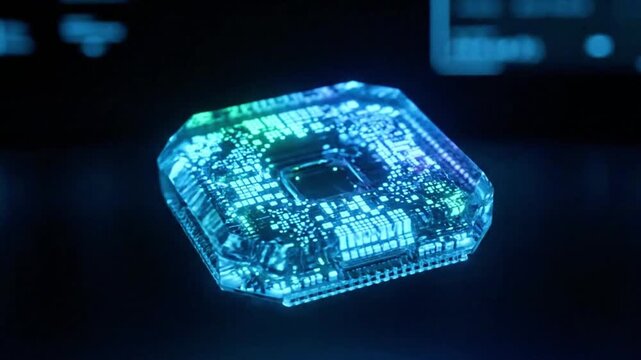 A sleek, crystalline quantum chip rotating slowly, emitting soft, complex light patterns in a dark lab