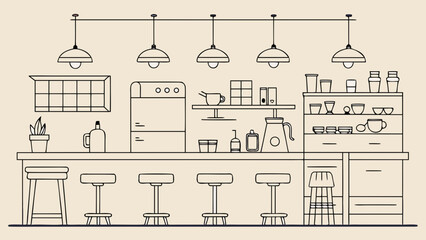 A line drawing of a cafe interior with bar and stools