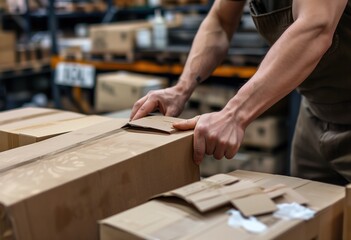 A worker places goods into boxes while holding packaging tools, preparing orders for delivery, with stacked boxes in the background.
