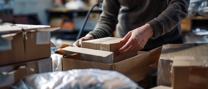 A man prepares an order for shipping by placing goods into cardboard boxes, with a close-up of his hand holding packaging tools.