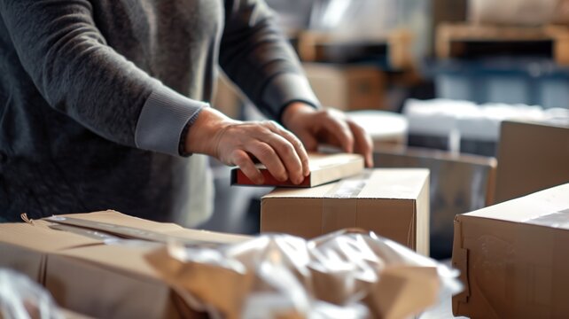 Close-up of a worker’s hand using a packaging tool to seal a cardboard box, with stacked boxes in the warehouse background.