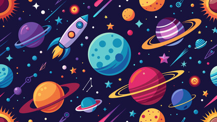 Seamless pattern of planets rocket and stars in space