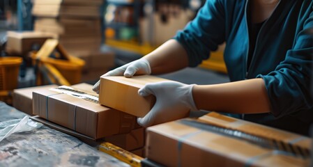 A woman wearing protective gloves packs goods into various cardboard boxes on a cluttered table, with a blurred warehouse background.