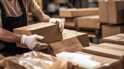 Close-up of a man wearing protective gloves packing goods into cardboard boxes on a cluttered table, with a blurred warehouse background.