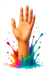 Hand emerging from colorful paint splash isolated on transparent background