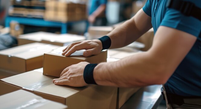 Close-up view of a person handling cardboard packages inside a warehouse, highlighting delivery, e-commerce, and logistics management.