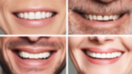 Smiling people dental care concept. Collage of multiracial toothy people smiles, oral care and stomatology concept. White teeth