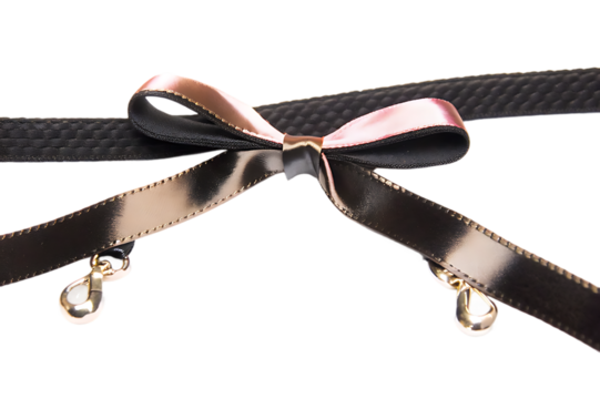 Elegant black choker necklace with shiny rose gold bow and dangling crystal charms