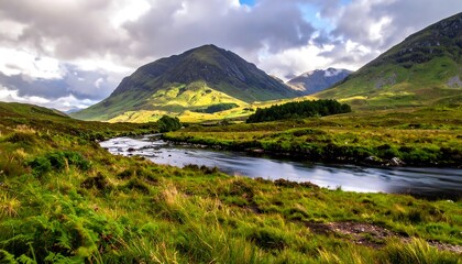 Wide landscape view of a river, mountain, and green hills