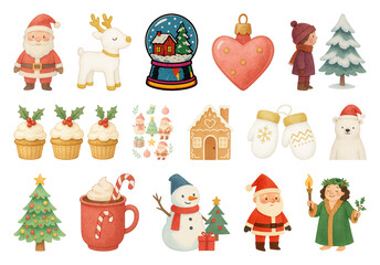 Fototapeta premium PNG Whimsical festive holiday illustrations, element set on transparent background