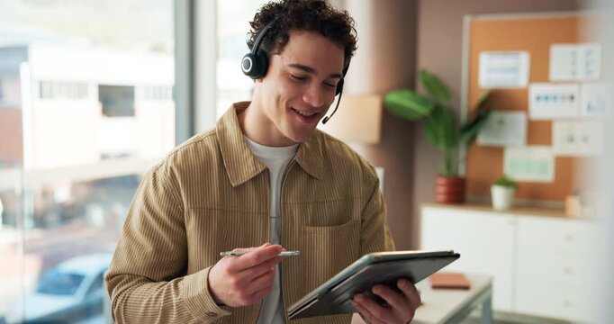 Tablet, call center agent and man talk with customer experience analyst for quality assurance. Tech, contact us and happy consultant with pen for root cause analysis, support and review feedback