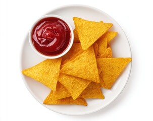 Crispy tortilla chips piled on a plate, with a small bowl of red sauce