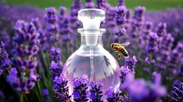 Lavender perfume bottle in a blooming field with a bee, highlighting natural essence and ingredients. Video footage.