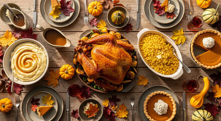 Top view of beautifully set Thanksgiving table with golden roast turkey