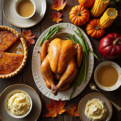 Top view of beautifully set Thanksgiving table with golden roast turkey
