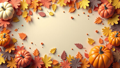 Thankful message background with fall leaves, pumpkins and blank space for Thanksgiving cards, festive websites, autumnal blogs and holiday designs