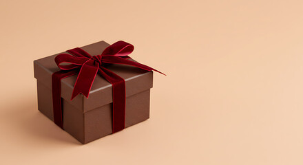 Obraz premium Elegant Brown Gift Box with Red Velvet Ribbon on a Beige Background