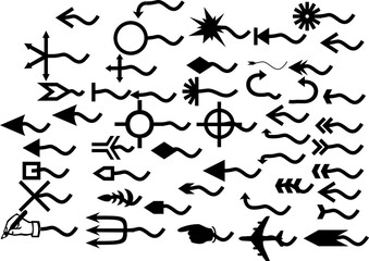 A diverse collection of black arrow symbols and directional icons in various styles and shapes on a white background, including wavy, pointed, and decorative elements.
