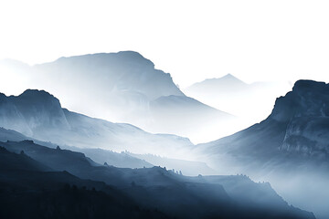 Mysterious and ethereal mountain range shrouded in mist with dramatic dark sky above