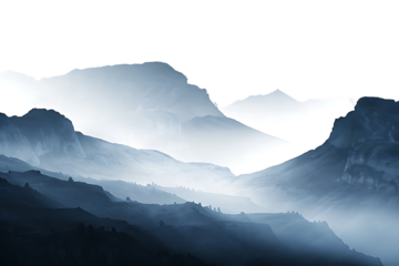 Mysterious and ethereal mountain range shrouded in mist with dramatic dark sky above