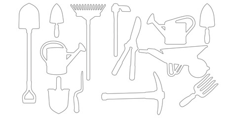 CAD Drawings. Outline Set of 10 garden tools. Includes shovel, rake, hoe, trowel, watering can, wheelbarrow, pruning shears, etc. Vector illustration. © MkJutt