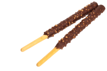 Two delicious chocolate covered biscuit sticks with crunchy nut pieces on a plain black background