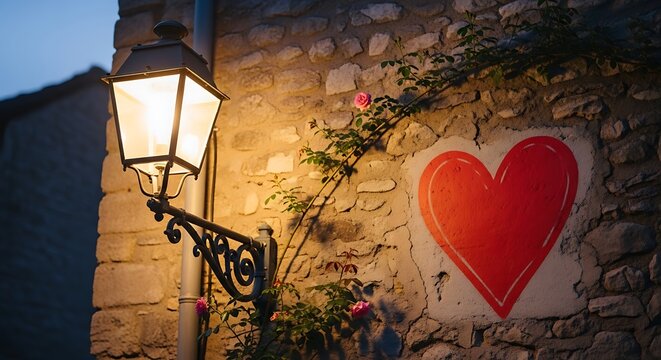 Fototapeta Romantic Street Scene - Illuminated Lamp and Heart Graffiti.