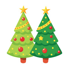 Two decorated christmas trees with golden stars and red ornaments