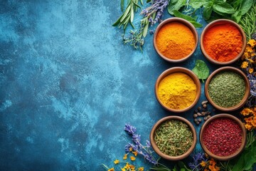 Colorful spices and herbs arranged in bowls on a vibrant blue background in a kitchen setting