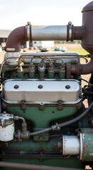 Close-up of a Vintage Tractor Engine with Silver and Green Components.