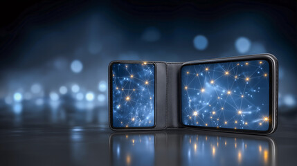 Digital Wallet: An open digital wallet, with glowing interconnected nodes. Illustrating financial transactions and digital security.