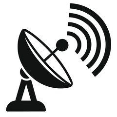 Simple black and white illustration of a satellite dish receiving signal
