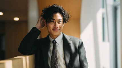 A young, handsome Asian man wearing businesssuit and a dress shirt and tie. Handsome businessman in modern office