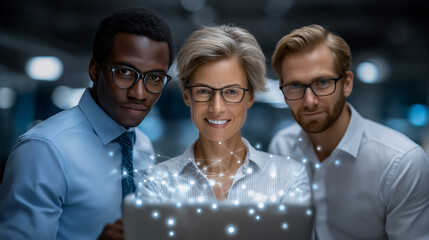 Data Team Collaboration: Three skilled professionals gather around a laptop, working together to analyze complex data. Their faces reflect concentration and collaboration.