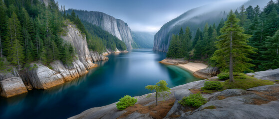 Serene Mountain Lake Landscape: A captivating panorama unfolds, showcasing a tranquil lake nestled amidst majestic mountains, the air is filled with a sense of serenity.