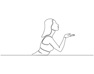 Woman blowing a kiss with hand continuous line art. Romantic woman blow a kiss one line drawing. Gesture of giving love sign concept vector illustration
