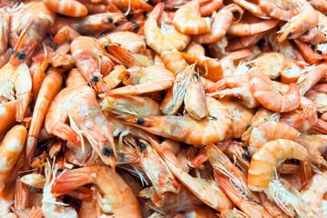 Fresh shrimp ready for cooking at a local seafood market in the morning