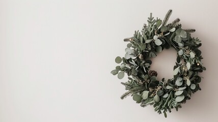 Elegant green wreath made of eucalyptus and pine, hung on a light wall with a natural, festive aesthetic copy space banner border.